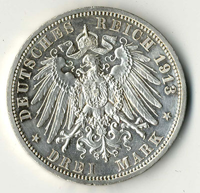 3 Mark 1913 A Wilhelm II Kaiser - Revers