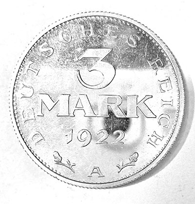 3 Mark 1922 Spiegelglanzprägung - Revers