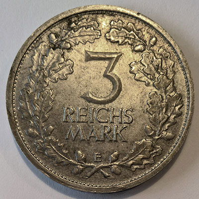 Weimarer Republik 3 Mark 1931 Revers